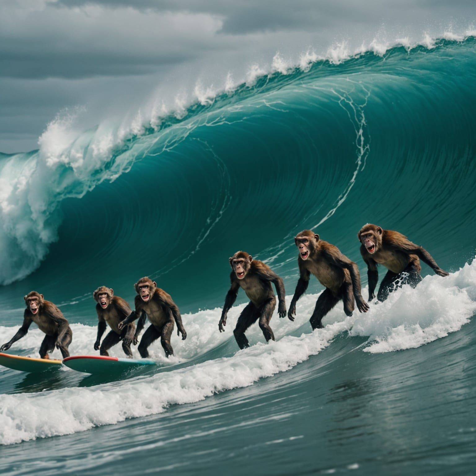 Zombie Monkey Monster Clown Surfers Ride a Tsunami Wave in a...