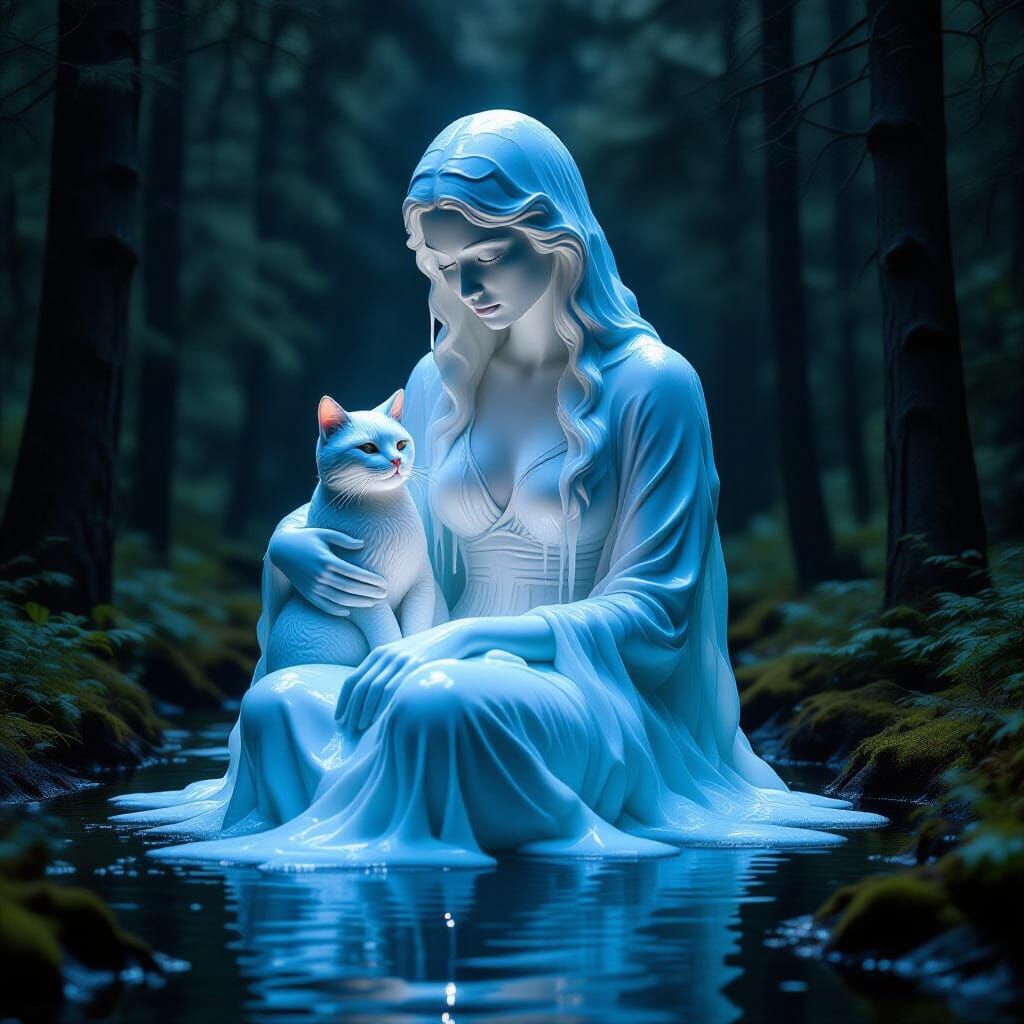 Melting Ice Sculpture: Woman and Cat in Forest, Surreal Styl...
