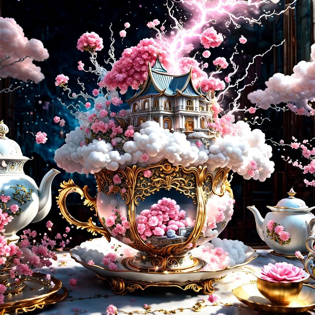 Flowery Thundercloud in Teacup: Surreal 3D Animation
