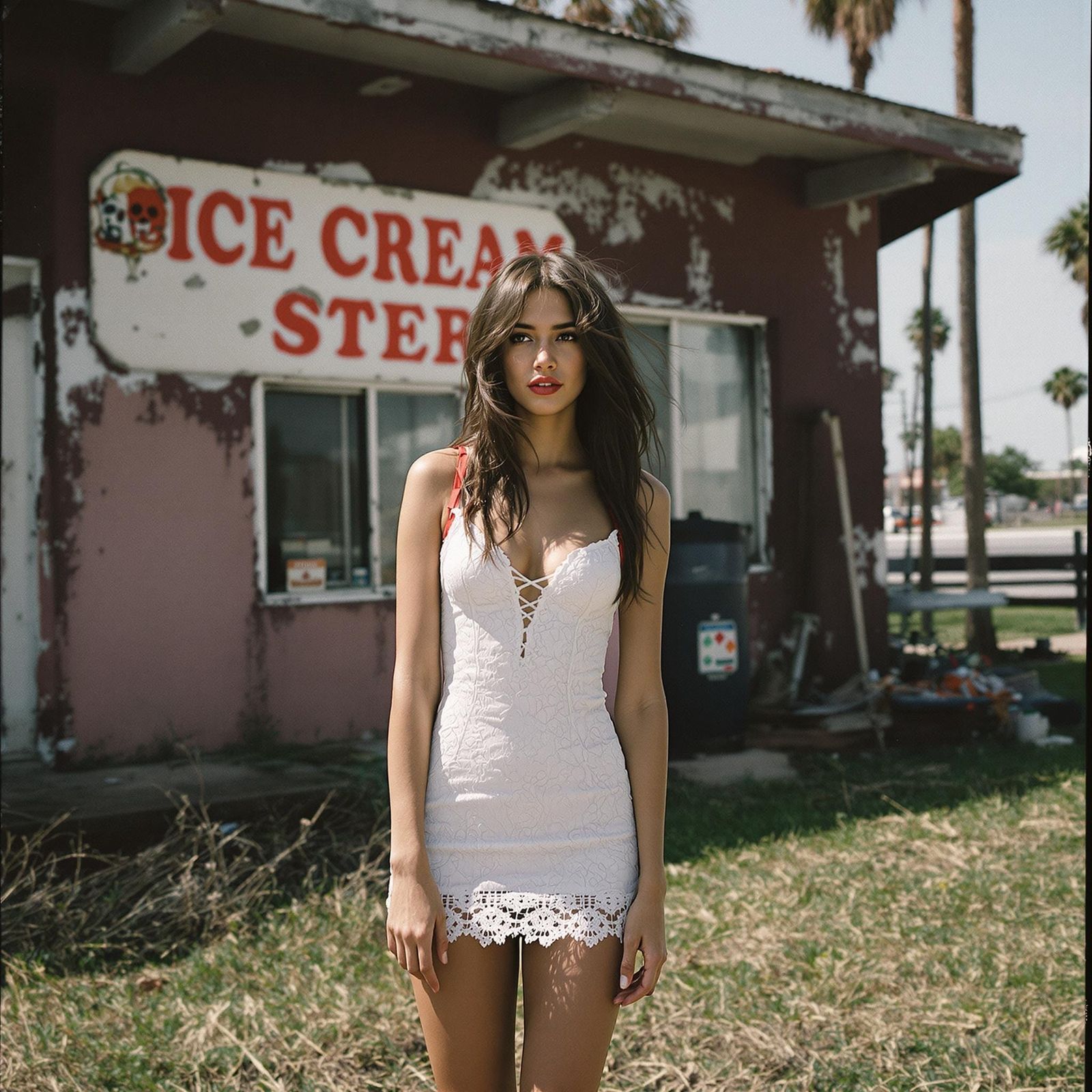Classic Pin-Up Girl Posed in Front of Weathered Ice Cream Si...