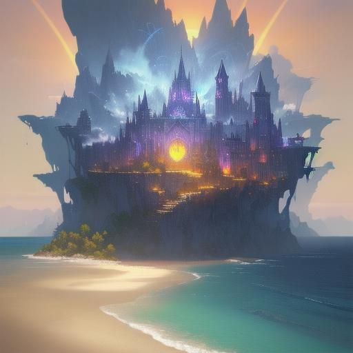 Laughing Cat on Beach in Whimsical Matte Painting