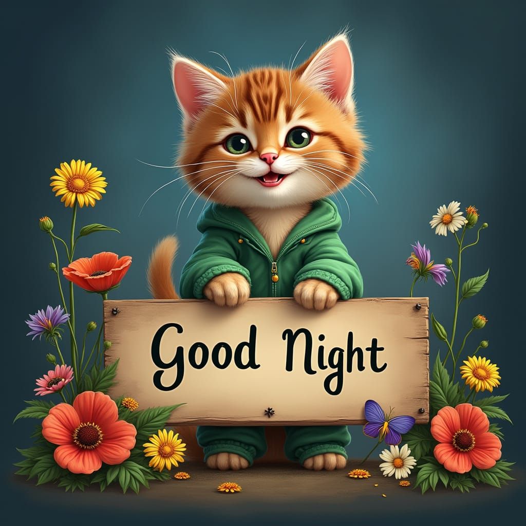 Smiling Kitten in Pajamas Says Good Night