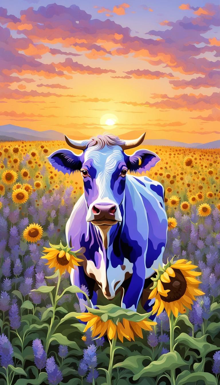 Lavender Cow in Sunflower Field at Sunrise