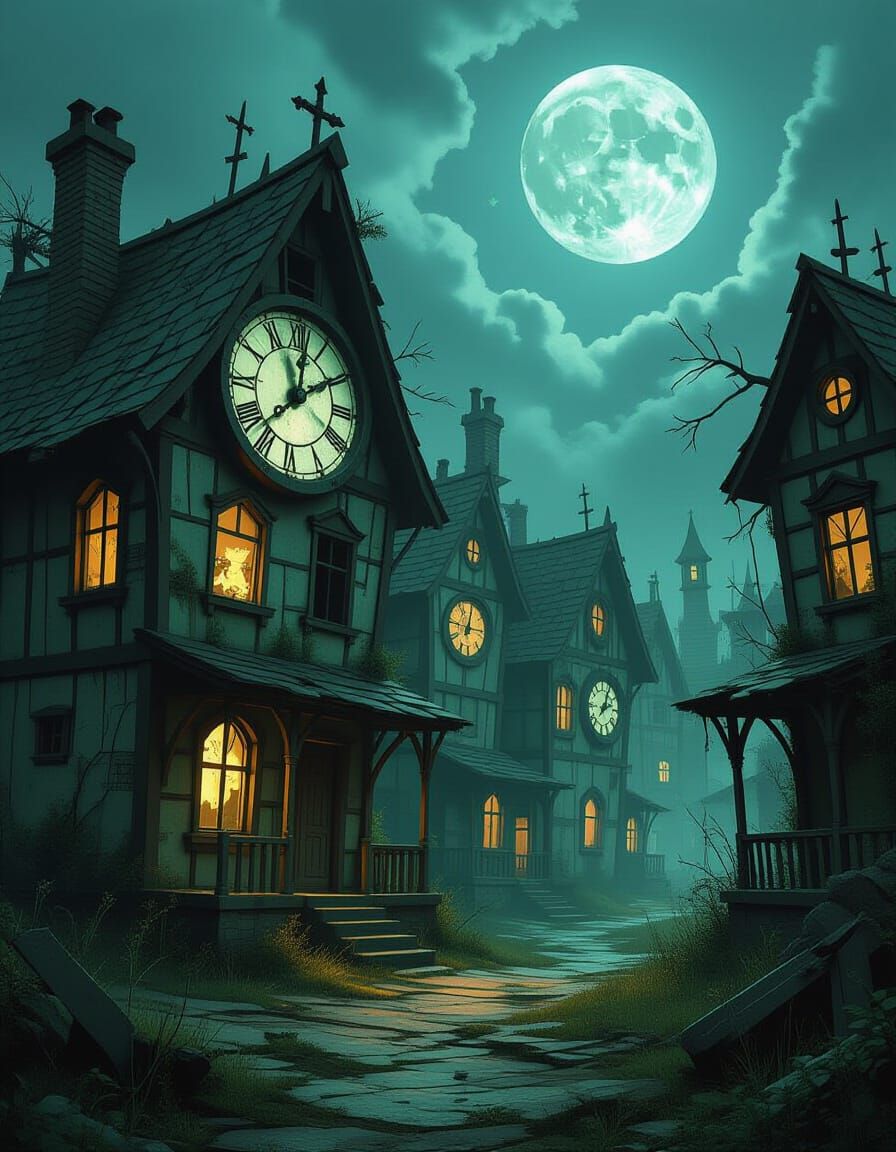 Abandoned Clockwork Village Under Eerie Moonlight