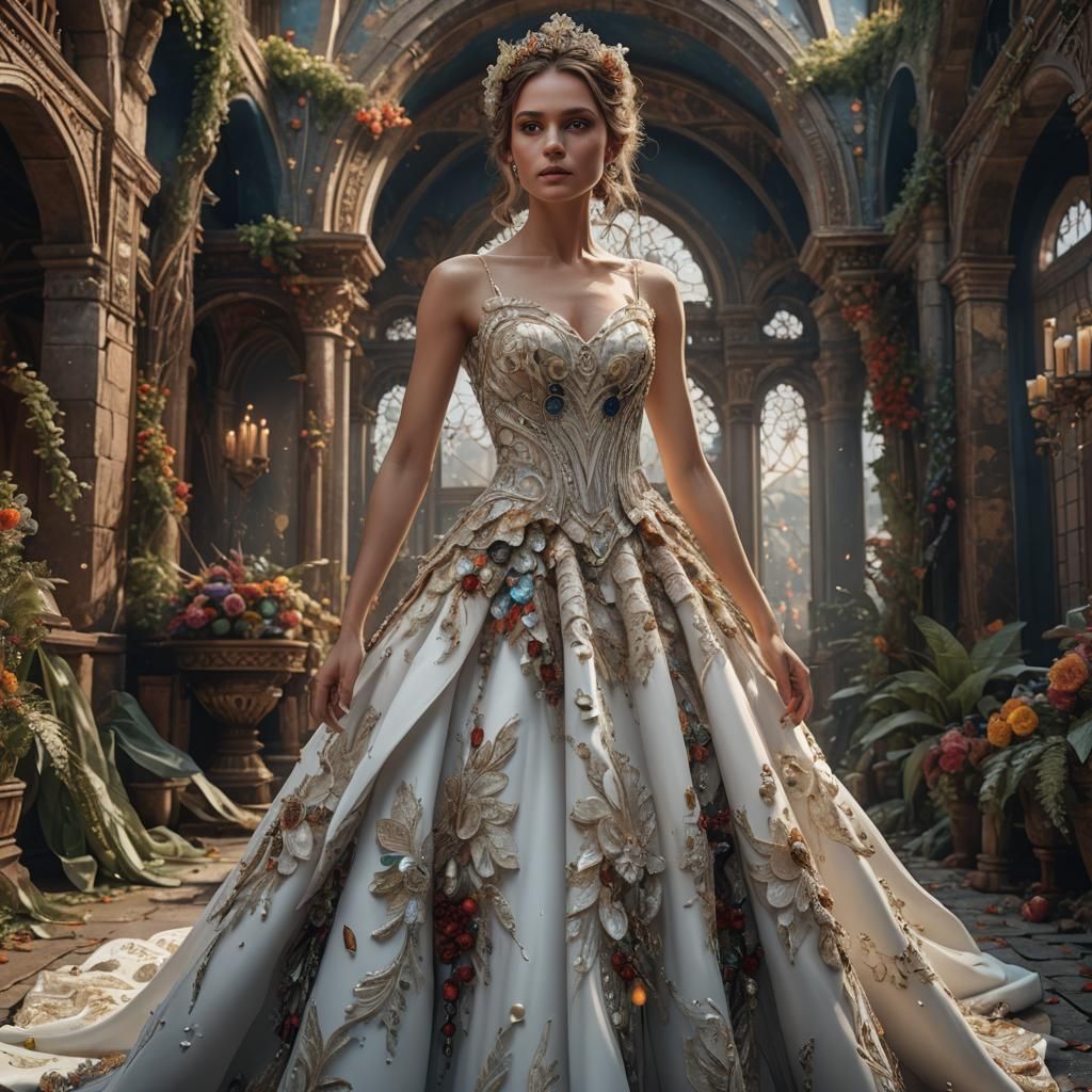 Woman in Intricate Wedding Dress: Detailed Digital Painting