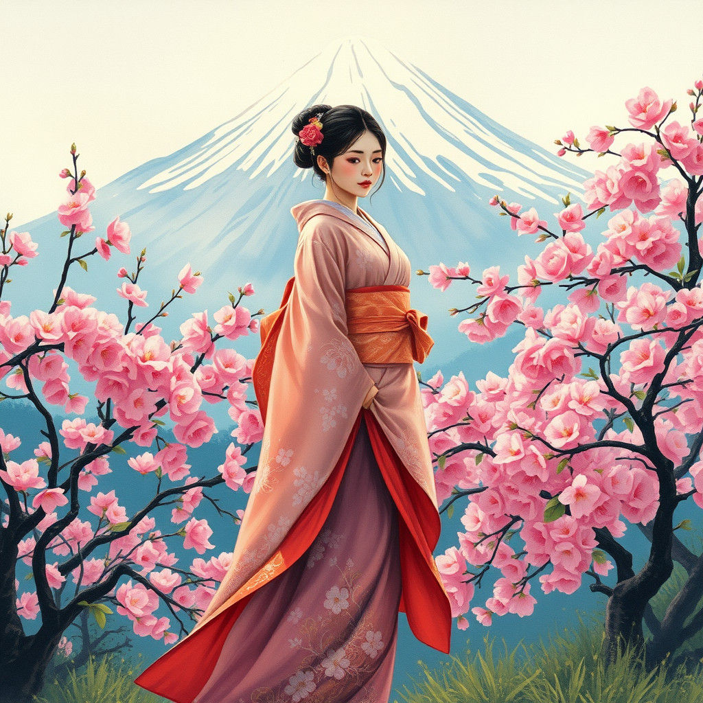 Japanese Maiden with Cherry Blossoms and Mount Fuji