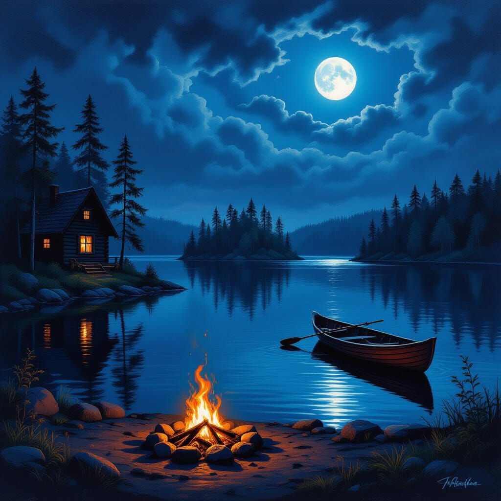 Sinister Forest Lake Oil Painting with Witch Cabin