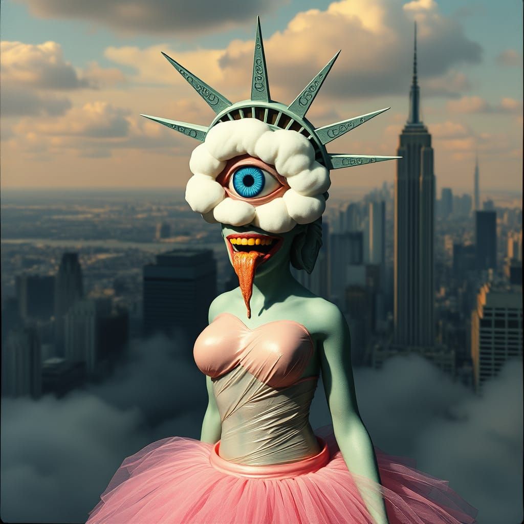 Distorted Statue of Liberty in Surrealist Nightmare Scene