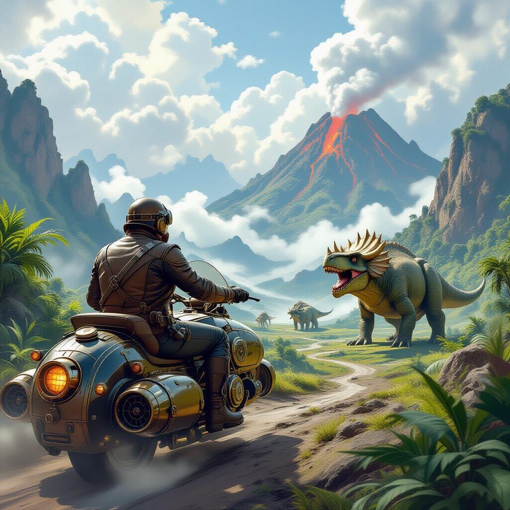 Steampunk Time Traveler in Prehistoric Valley