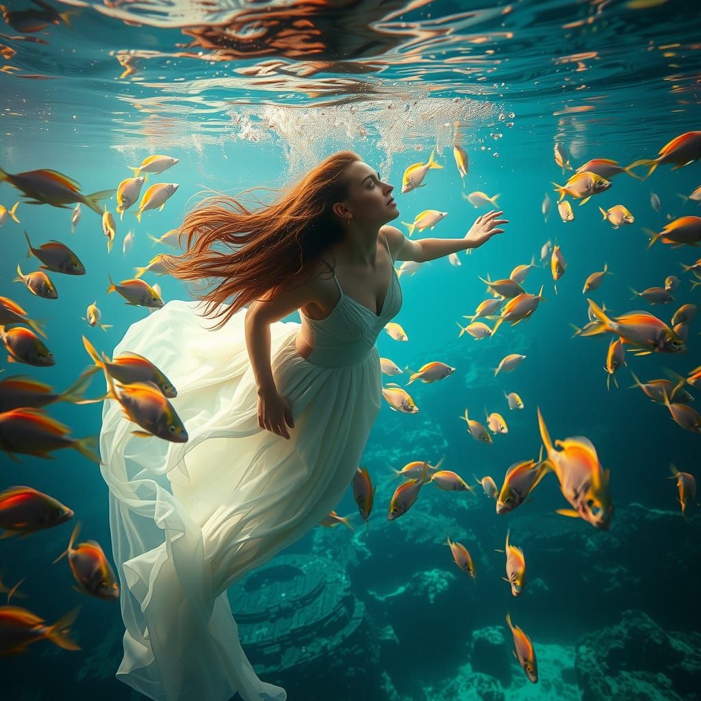 Underwater Woman with Marine Life in Digital Art Style