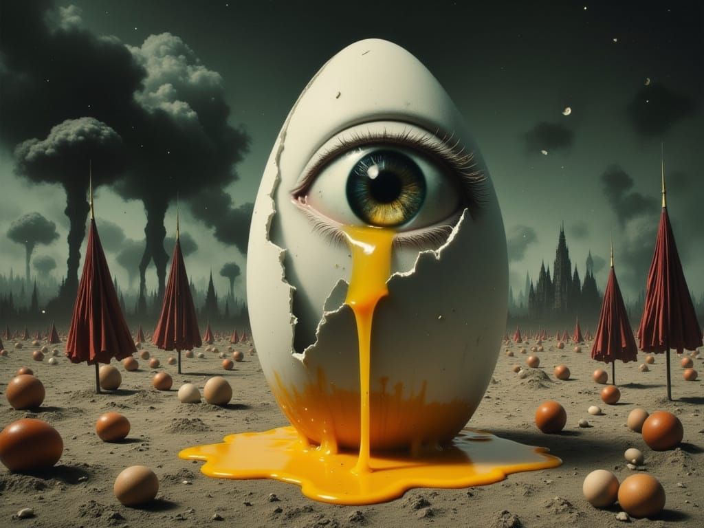 Surreal Egg Oozes Tears Under Twisted Umbrellas