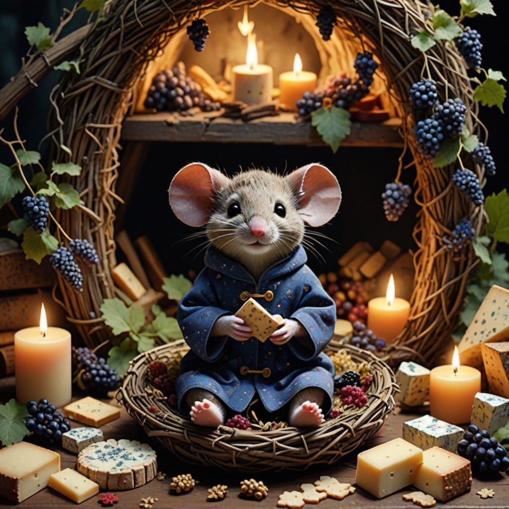 Whimsical Mouse in Cozy Pajamas, Surrounded by Artisanal Del...