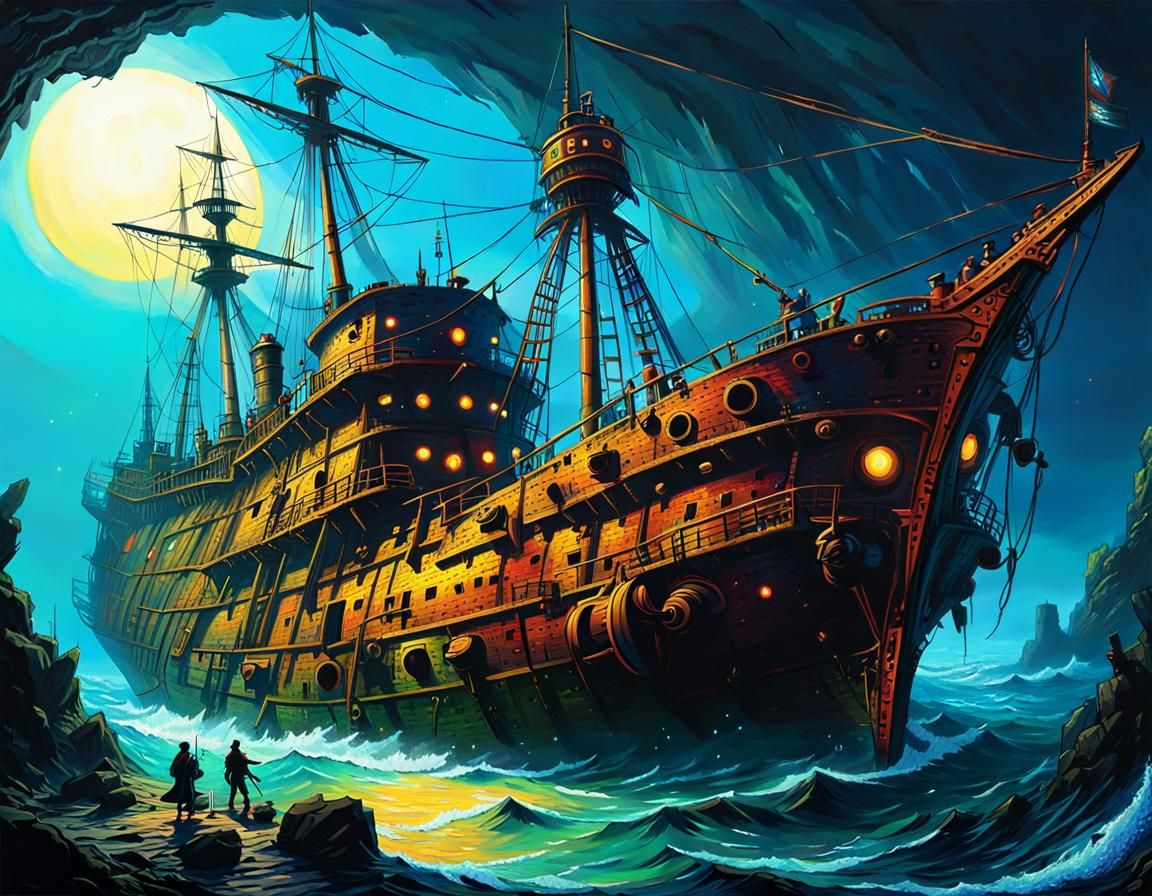 Spectacular Shipwreck: Neo-Impressionist Oil Painting