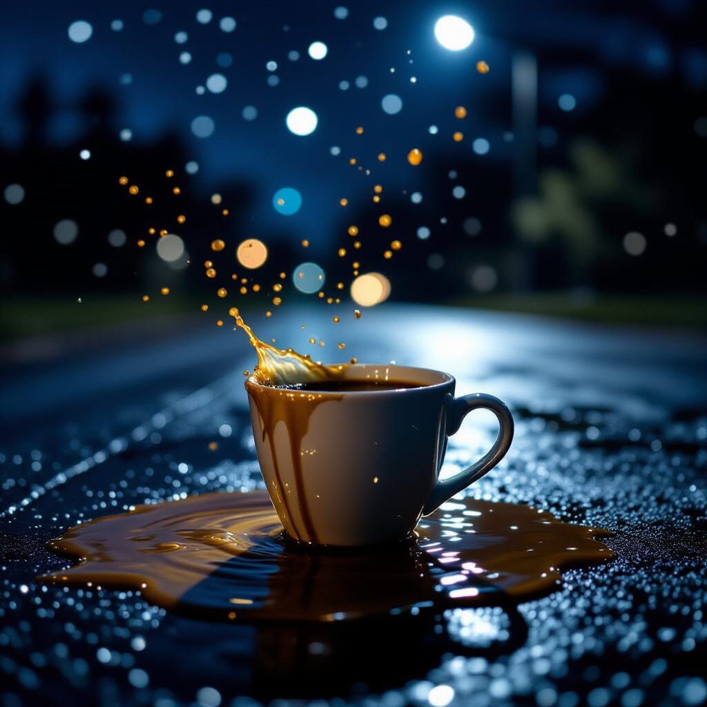 Coffee spills into Starry Night Sky: Cinematic Film Still
