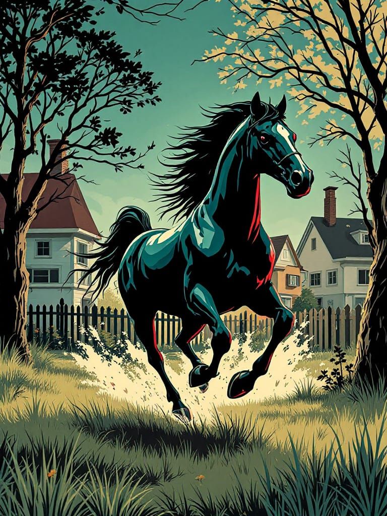 Suburban Gothic Horse Running Free in Muted Pastels
