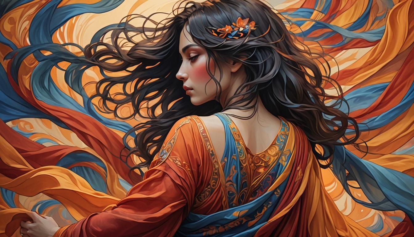 Woman in Flowing Fabric: Art Nouveau Digital Painting