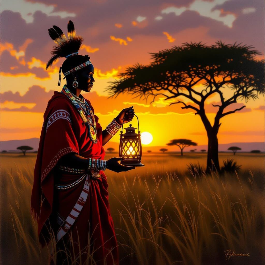Maasai Warrior in Twilight Savanna: Fine Art Oil