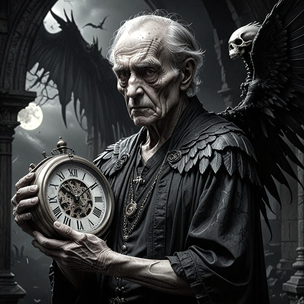 Aged Timekeeper with Dark Wings in a Gothic Masterpiece