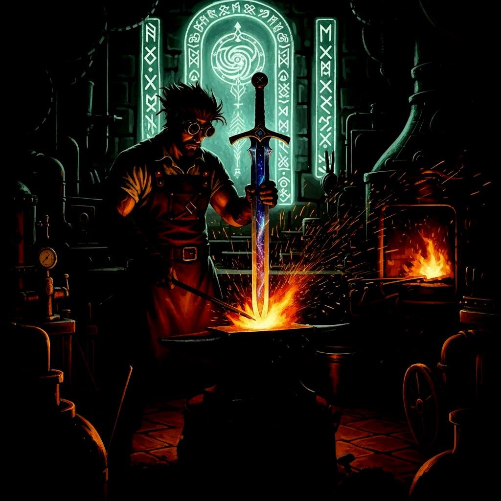 Cosmic Sword Forged by Blacksmith in Steampunk Style