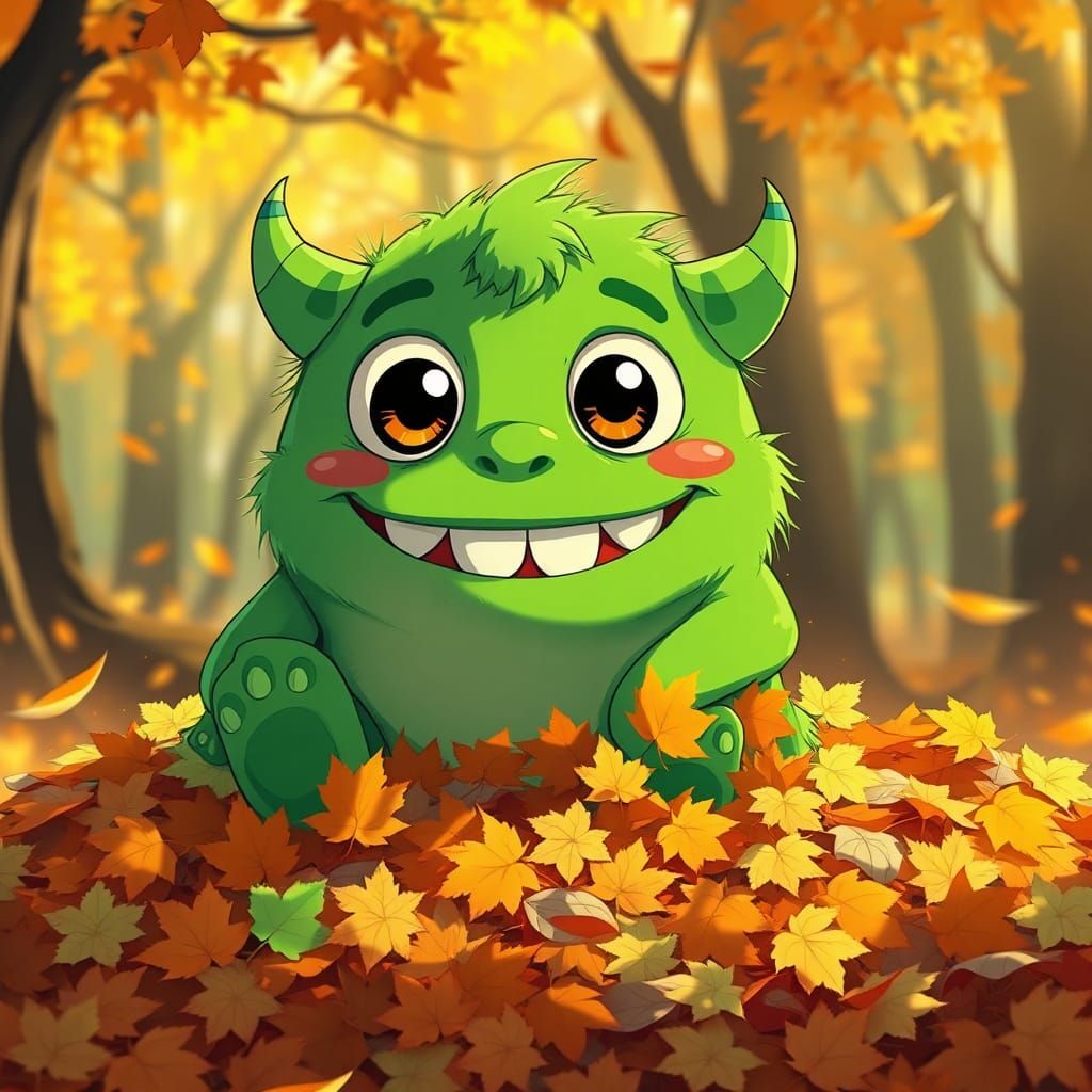 Endearing Green Monster in Anime Autumn Scene