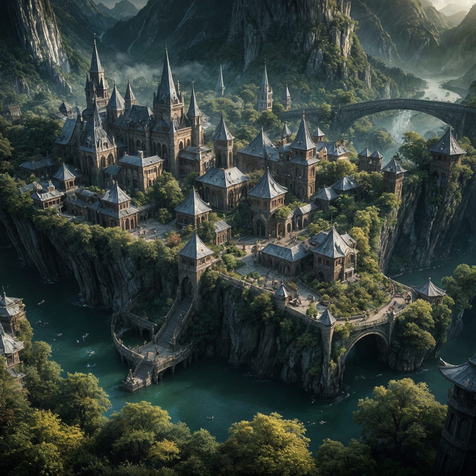 Enchanted Elven City in Forest: Digital Matte Painting