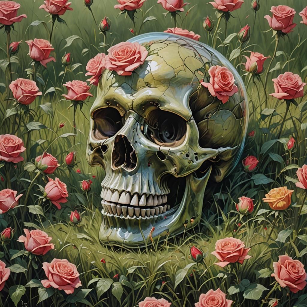 Glass Skull Surrounded by Roses: Oil Painting