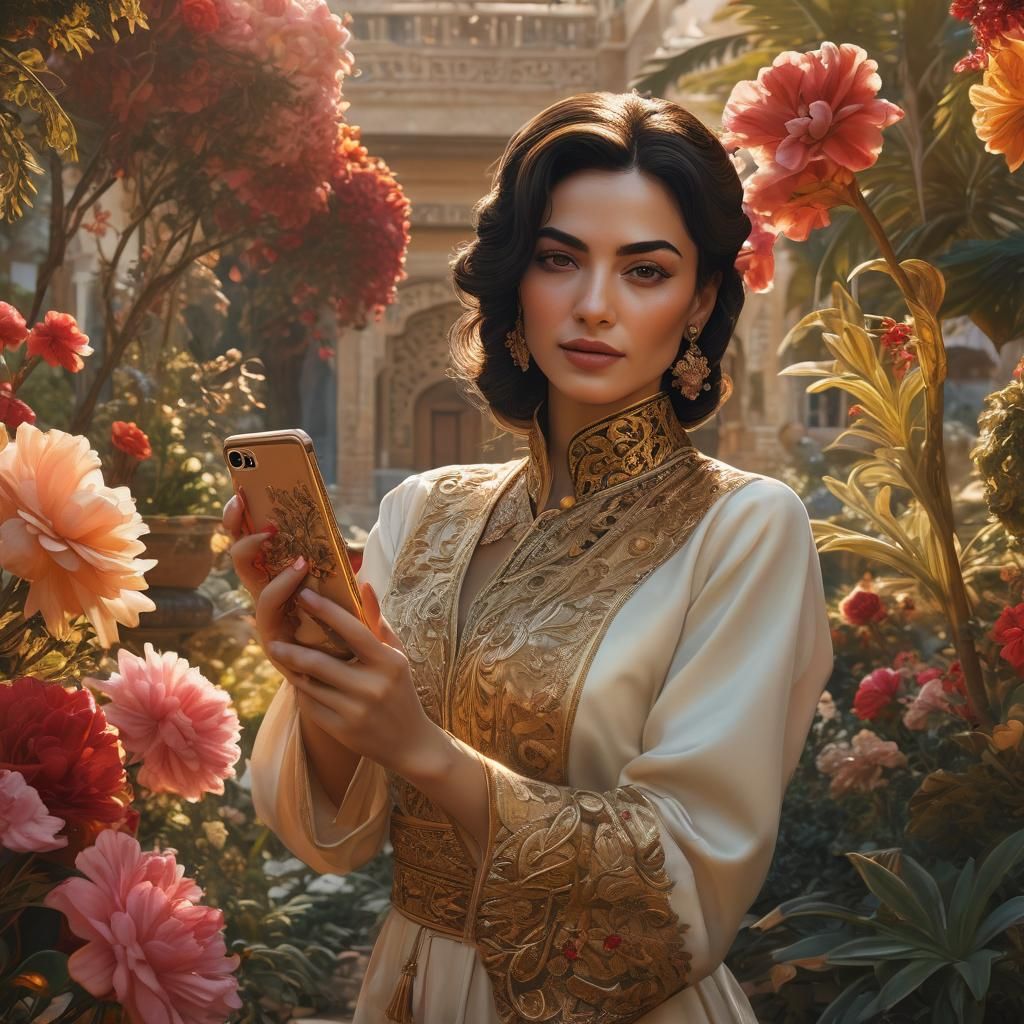 Middle Eastern Woman's Selfie in Opulent Garden