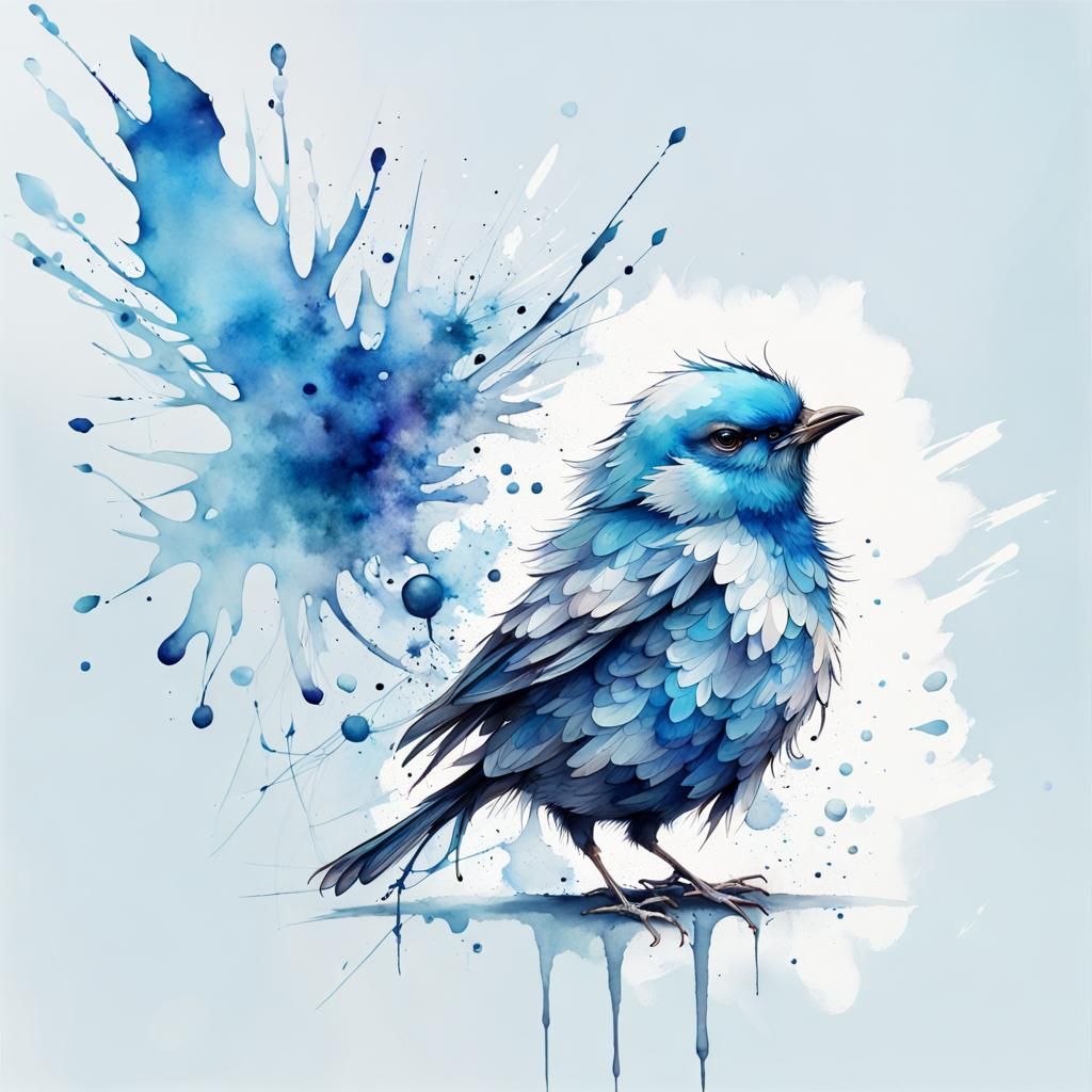 Chibi Blue Bird with Ink Splatters in Watercolor