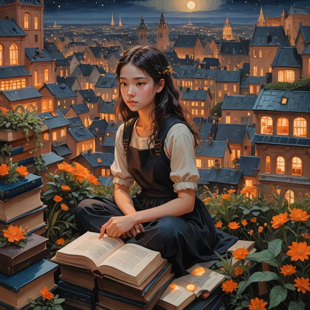 Girl on Book Landscape in Oil Painting Style