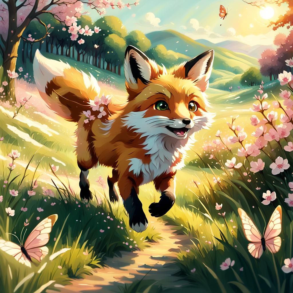 Fox Kit Chasing Butterfly in Anime Oil Painting