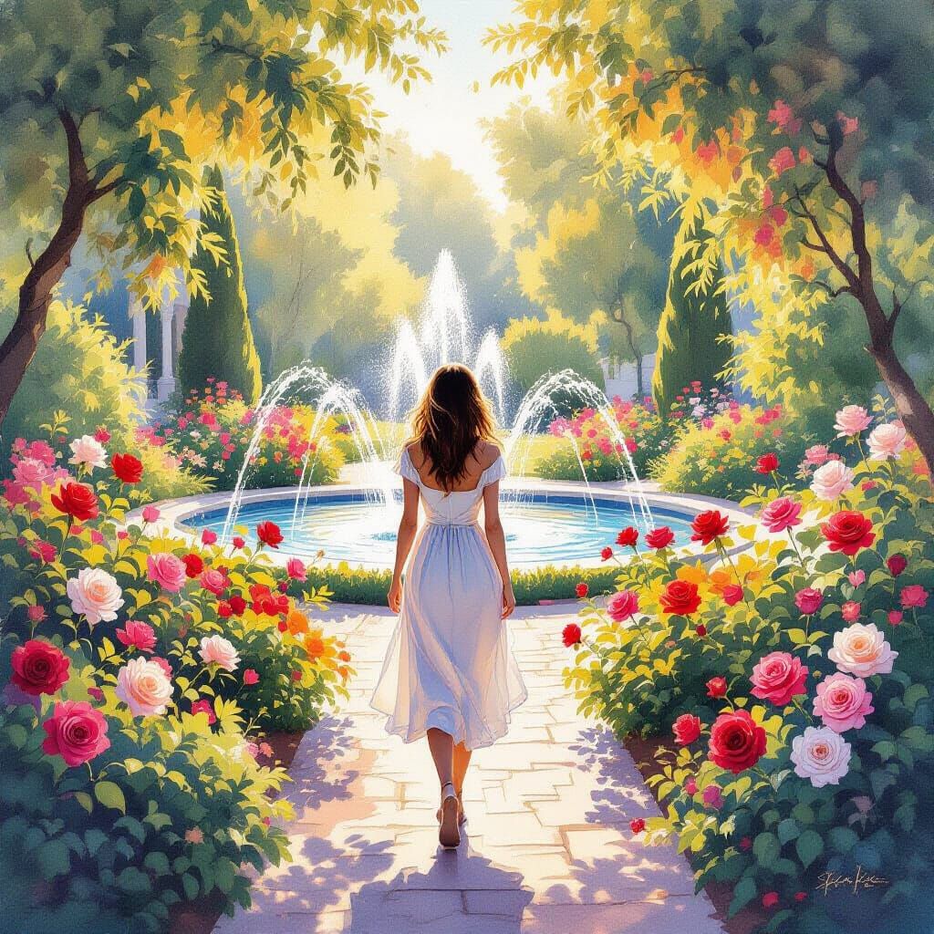 Woman in Golden Warm Garden with Fountain