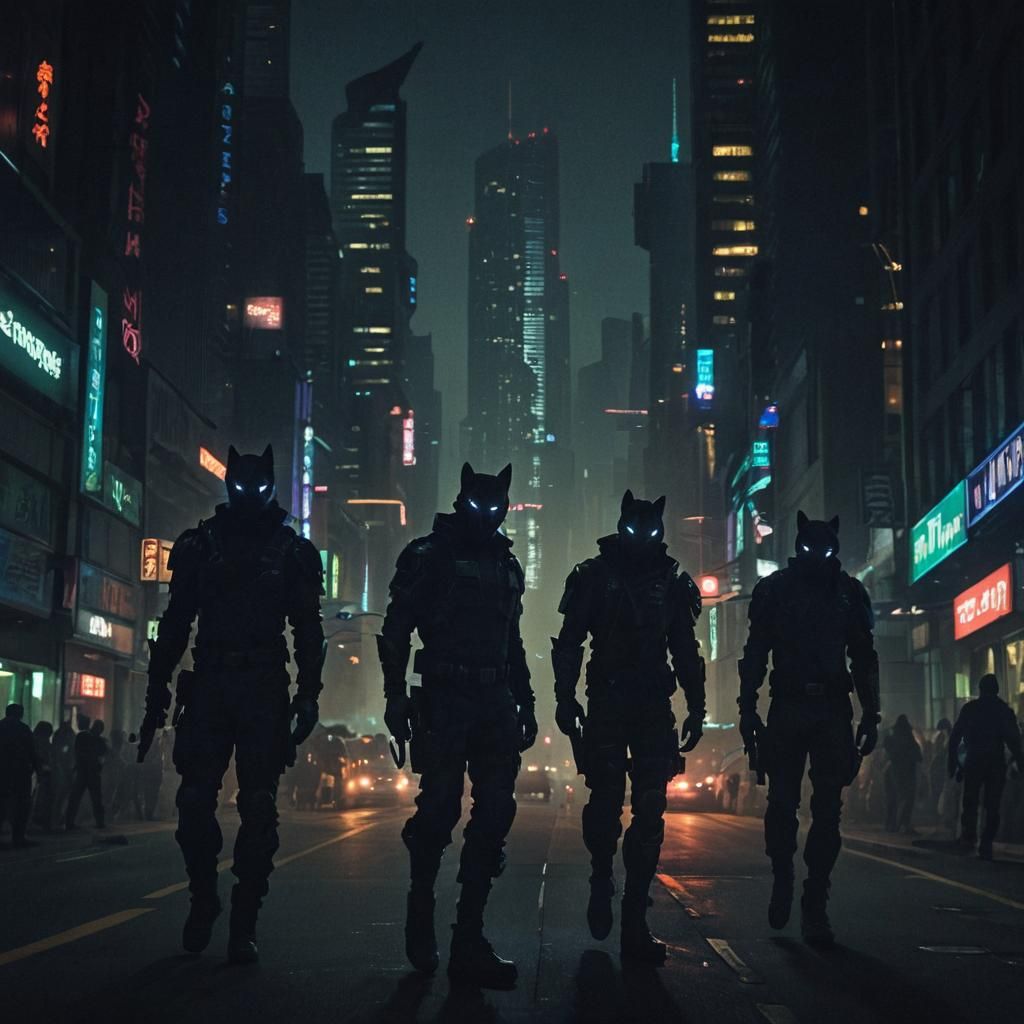 Neon City Shadows: Futuristic Figures in 3D Cinematic Style