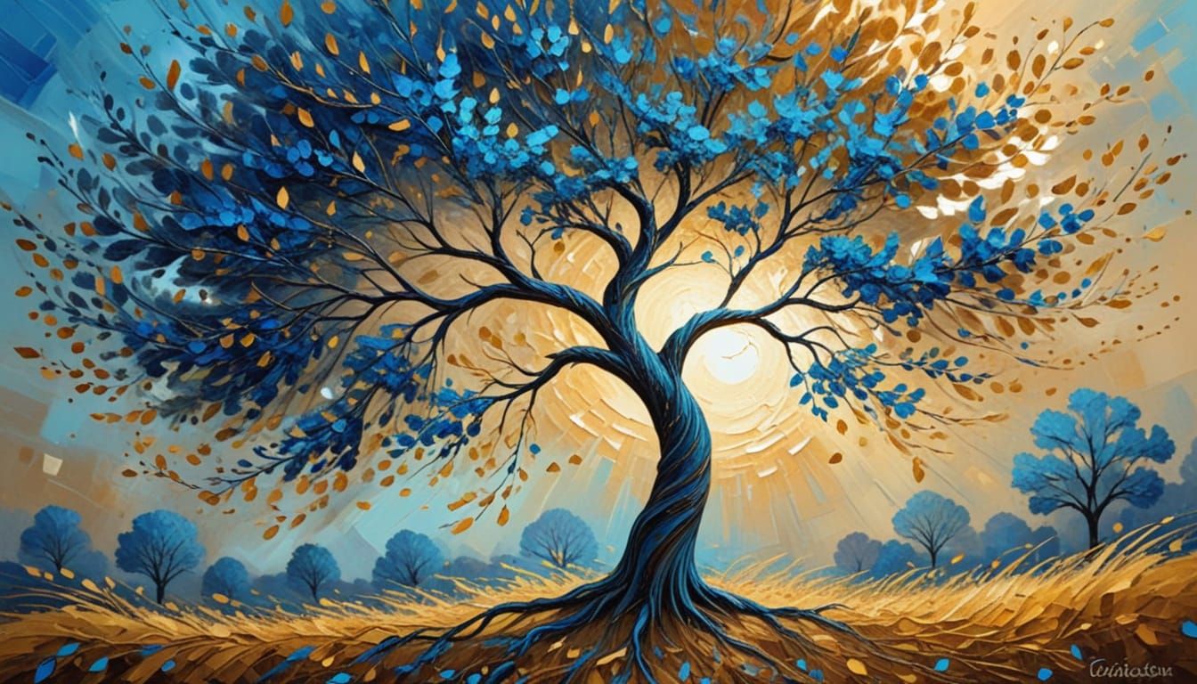 Whimsical Blue Tree in Impressionist Style