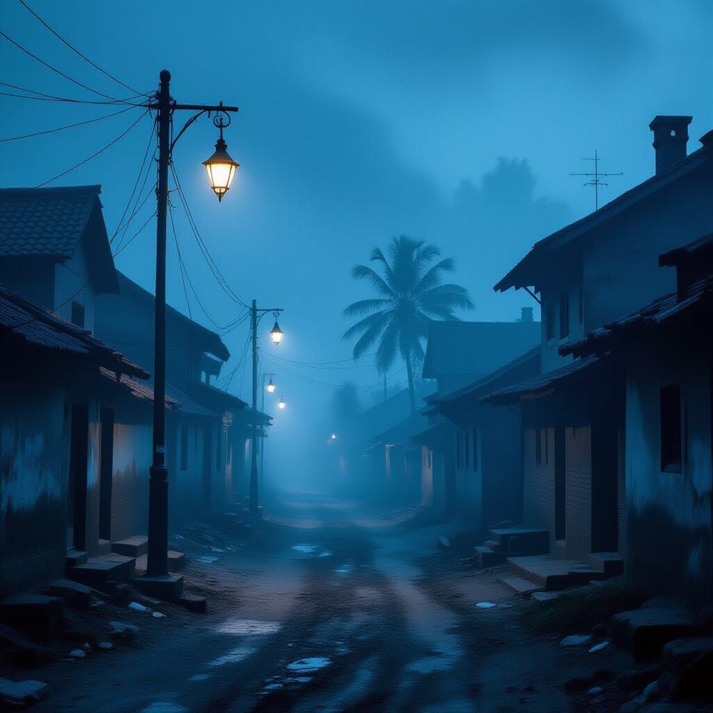 Foggy Indian Village at Night, Cinematic Horror Style