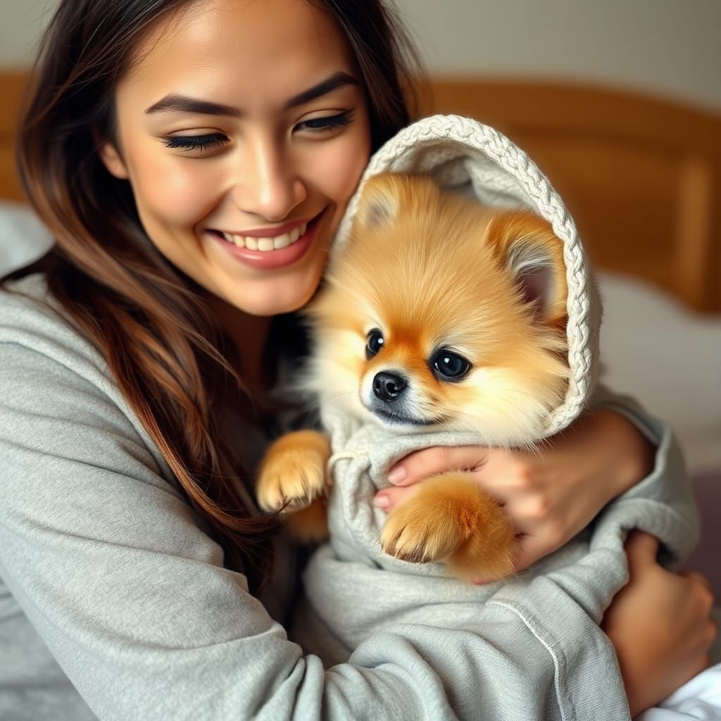 Girl Cuddles Pomeranian Puppy: 3D Animated Style