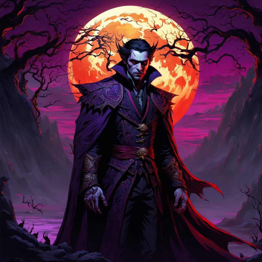 Vampire in Red Moonlight: Dark Fantasy Matte Painting