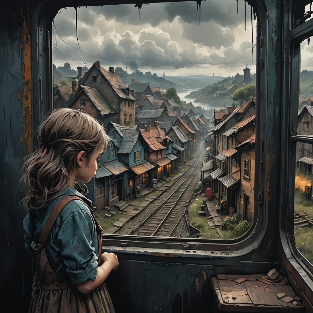 Sad Girl Views Gloomy Village: Matte Painting