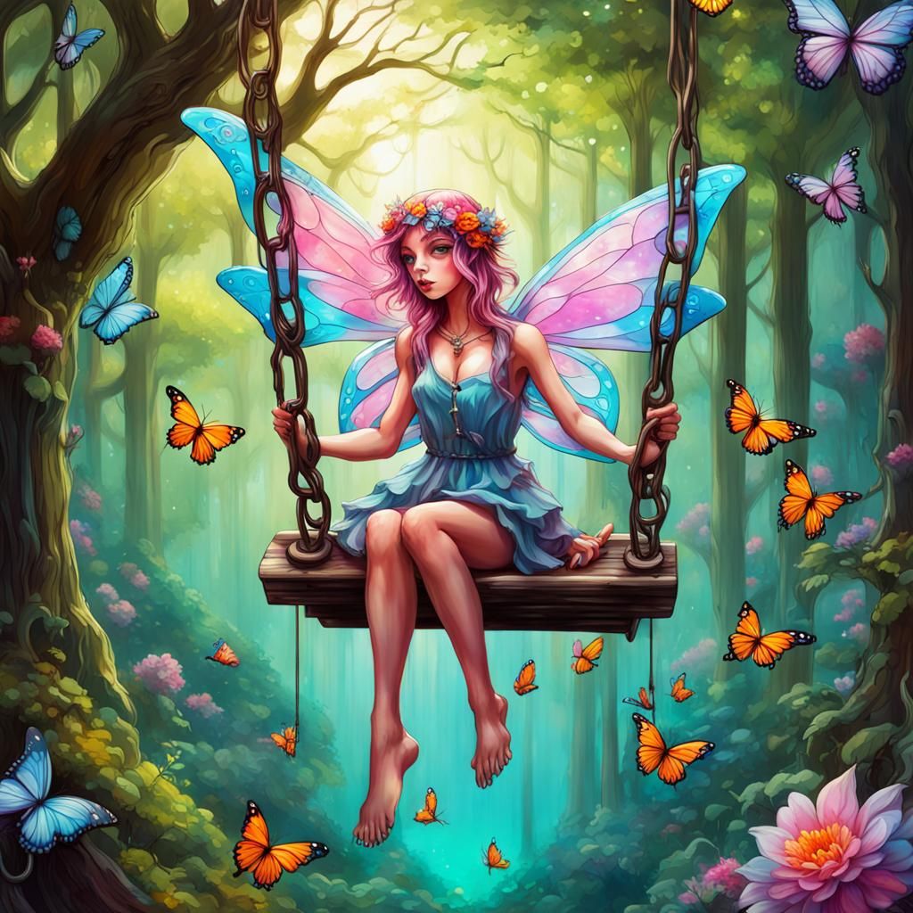 Fantasy Elf on Swing in Tiffany Glass Graffiti Art