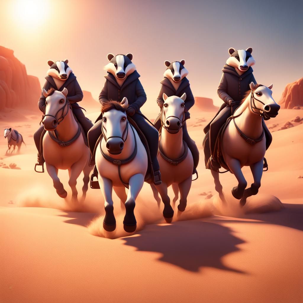 Badgers Riding Horses in Desert: Pixar Style