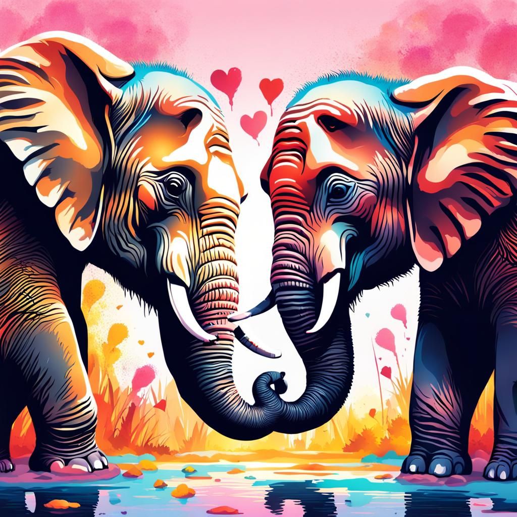 Baby Elephants Create Heart: Hyperrealistic Splash Art