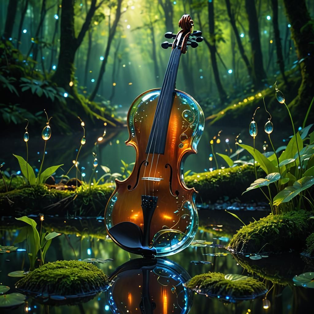 Surreal Glass Violin in Forest with Fireflies
