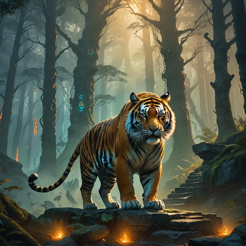 Powerful Tiger Amidst Glowing Runes, Fantasy Art