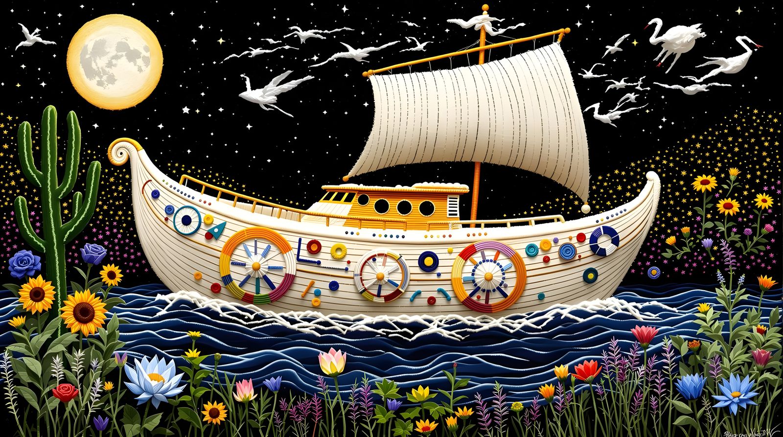 Yarn Boat Amidst Floral Splendor in Yarn Painting Style