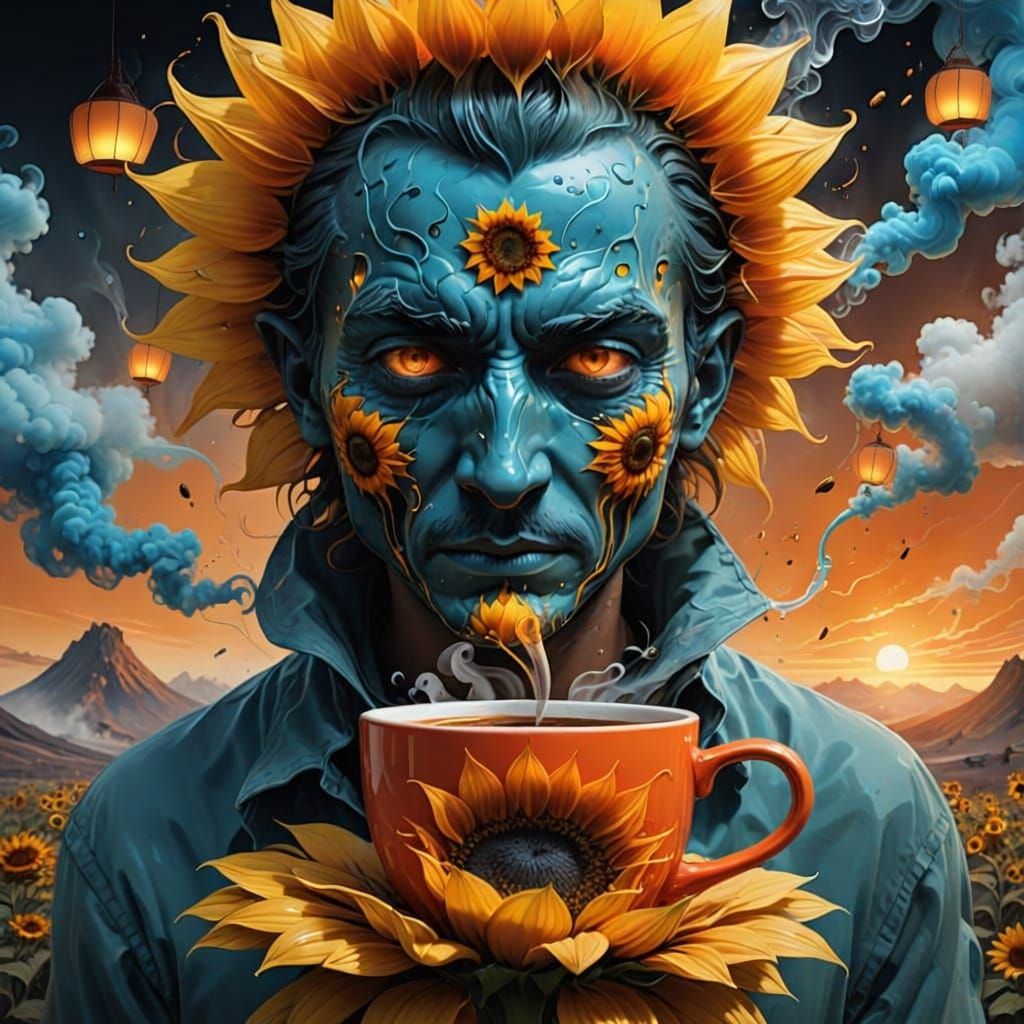Sunflower With Face Drinks Coffee By Volcano Cafe