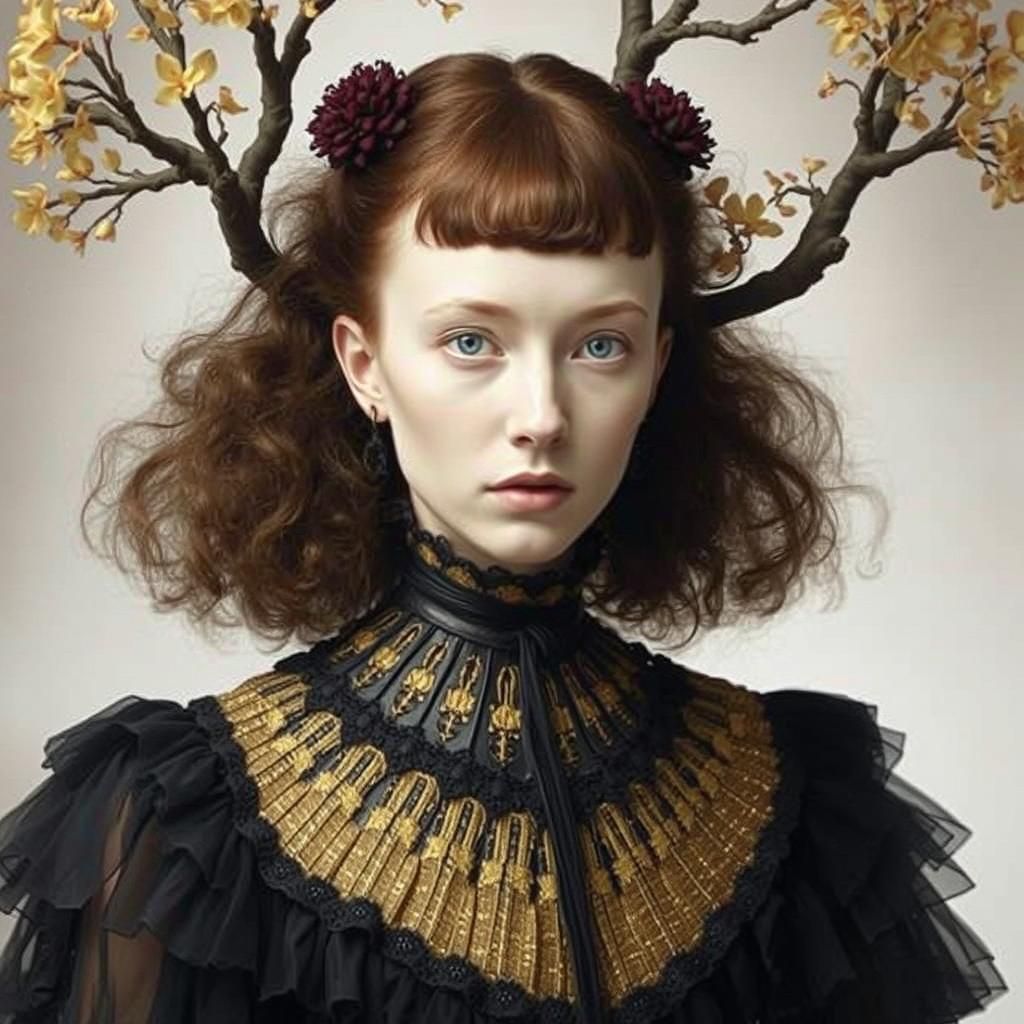 Luminous Edwardian Fashion Portrait in Botanical Style