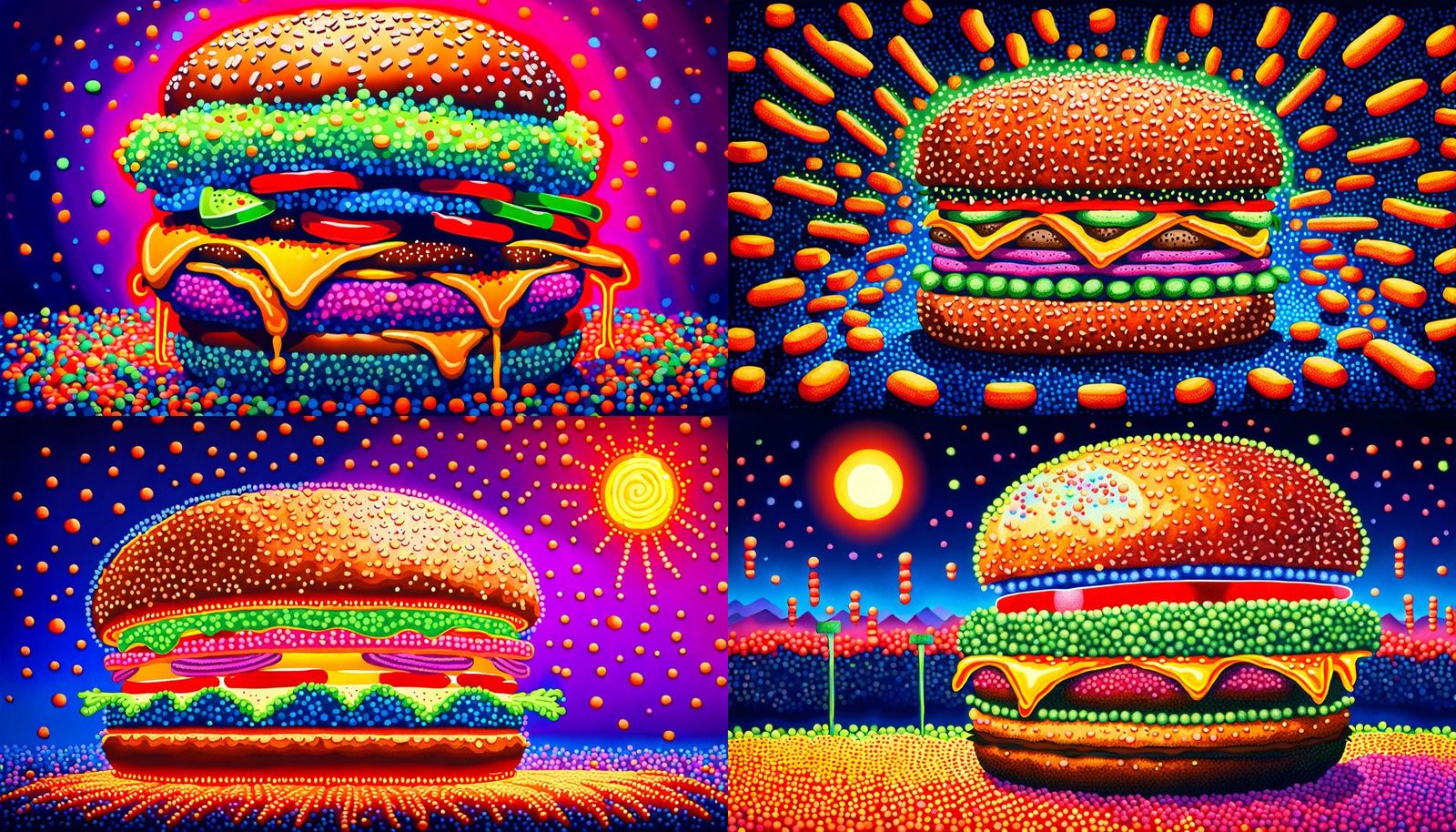 Neon Burger in Pointillism Style