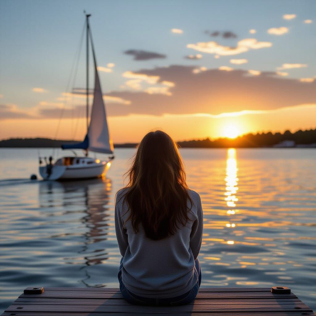 Girl Watches Sailboat Drift Away at Sunset
