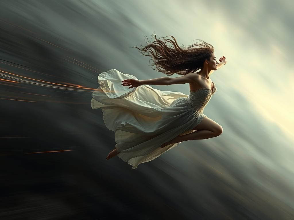 Woman Soaring in a Dark Surreal Dreamscape