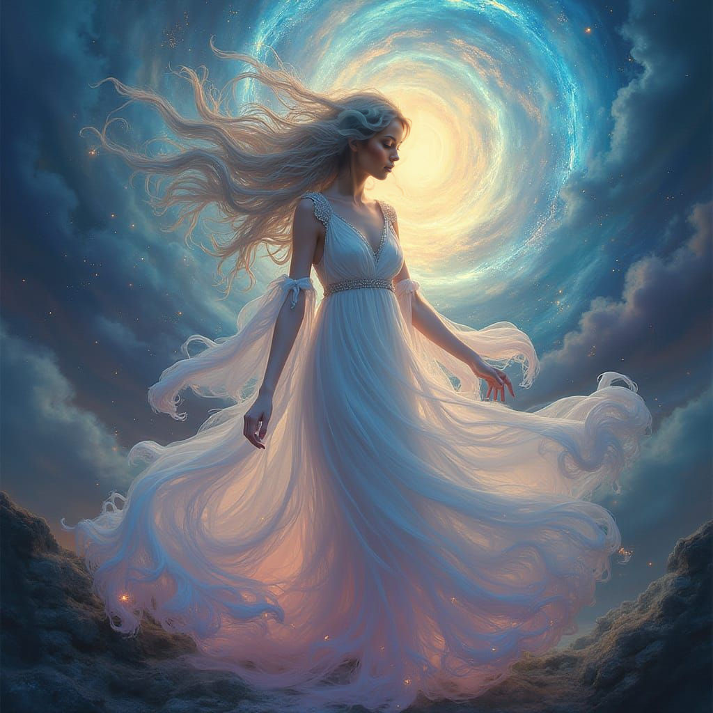 Ethereal Woman Transforms in Dreamlike Magic Scene