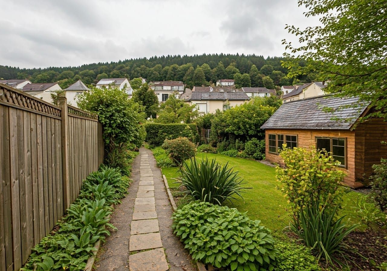 Serene Garden Scene with Stone Path and Shed